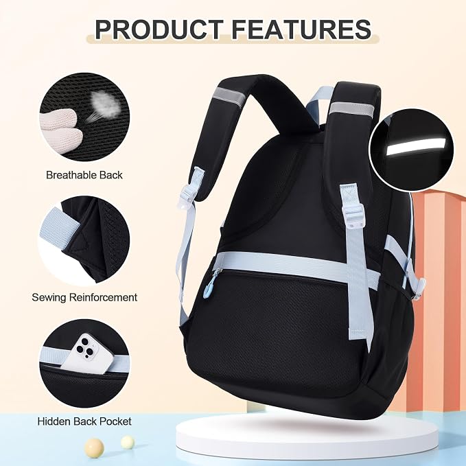 DIGOBAY Backpacks for Girls, 3PCS School Backpack with Lunch Box Pencil Pouch for Teen Girls Kids Elementary Primary Middle High College Travel School bag Bookbag Set （Black Blue） - Image 4