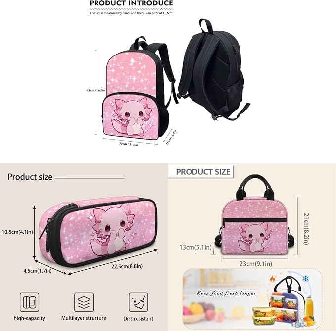 Star Axolotl School Backpack for Girls, 3Pcs Students Backpack, Elementary Bookbag Sets with Lunch Box Pencil Case for School - Image 5
