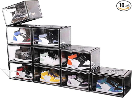 KDOR Shoe Boxes Black Plastic Stackable 10 Pack Sneaker Storage Boxes with Magnetic Door, Acrylic Display Case, Strong and Sturdy Fit Shoe Size Up to US 15（Side 10 PACK BLACK） by KDOR