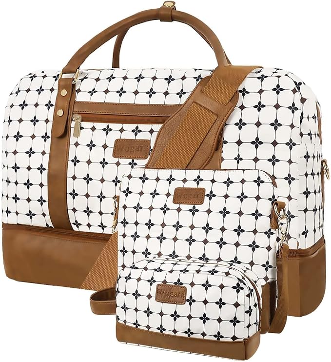 Wogarl 3PCS Weekender Bags for Women Large Overnight Bag Weekend Travel Duffel Bag Carry on Shoulder with Shoe Compartment Canvas Toiletry Bag for Travel Business Gym,Brown Argyle by Wogarl