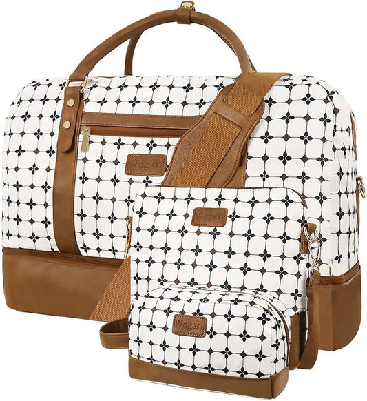 Wogarl 3PCS Weekender Bags for Women Large Overnight Bag Weekend Travel Duffel Bag Carry on Shoulder with Shoe Compartment Canvas Toiletry Bag for Travel Business Gym,Brown Argyle by Wogarl