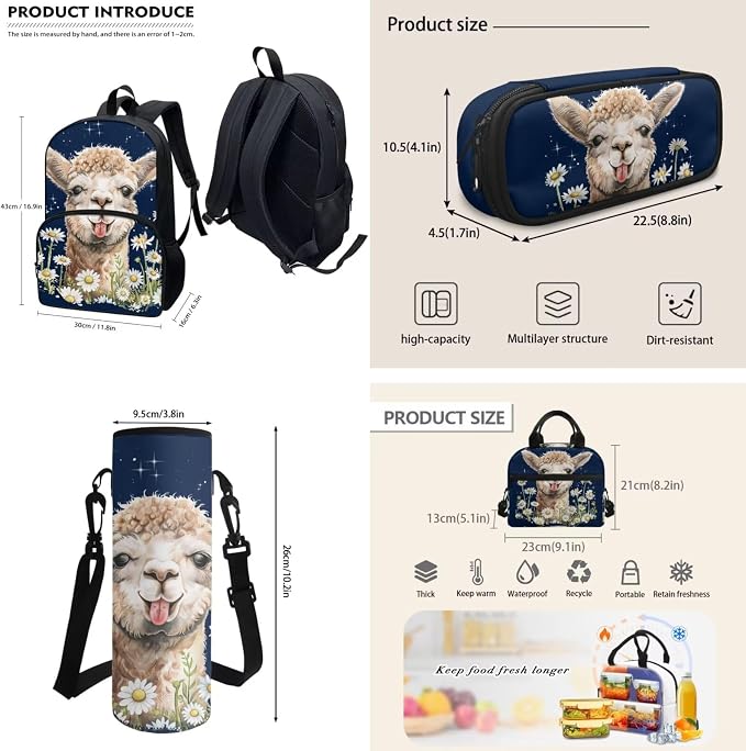 POLERO Girls Alpaca Backpack Lightweight Kids School Bookbags with Lunch Box, Pencil Case and Water Bottle Holder 4Pcs Schoolbags Set - Image 3