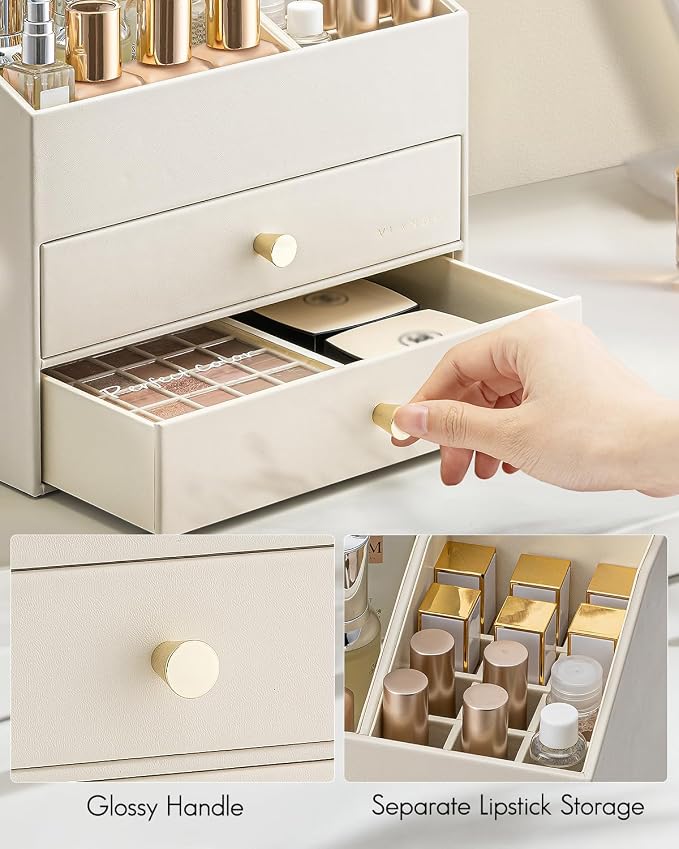VLANDO Makeup Organizer for Vanity,Large Capacity Bathroom Counter Organizer with Drawers,PU Leather Skin Care Storage for Lipstick,Brushes,Perfumes (Beige) - Image 5
