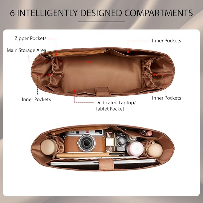 Doxo Purse Organizer Insert for LV Neverfull MM, Premium Nylon Bag Organizer with YKK Zipper & Laptop Sleeve & Bottle Holder, Multi Compartments Lightweight Waterproof Handbag Interior Divider, Brown - Image 3