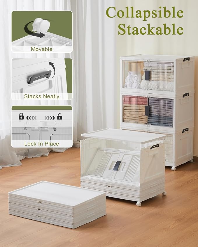OlarHike 76QT Lockable Storage Bins with Lids - Folding Storage box with Doors & Wheels, Stackable Organizers, Collapsible Plastic Bins for Home, Closets, Office, Dorm, School, Gifts, 3 Pack Cubes - Image 3