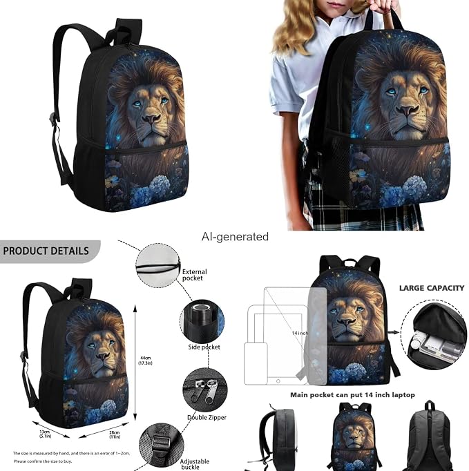 Aesthetic Lion Backpack for Kids Girls Backpack with Lunch Box Water Bottle Bag and Big Pencil Case 4PCS Set Sturdy Elementary Bookbag with Front Pocket for School 17" Lightweight School Bag - Image 3