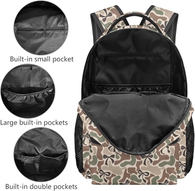 Cute Camo Bow Backpack Set for Girls, 4-Piece Camouflage School Bag and Lunch Box Pencil Case Charm, Trendy Bookbag Gift for Kids Grades K-5 - Image 3