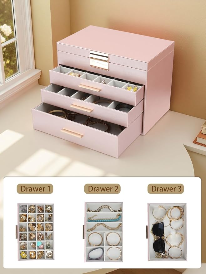 BOOVO Jewelry Boxes for Women, White and Black 6 Layer Large Jewelry Box for Necklace, Bracelet, Earrings, Rings Storage, Jewelry holder Organizer for Girls Gift (Rose Gold, 5 Layer) - Image 3