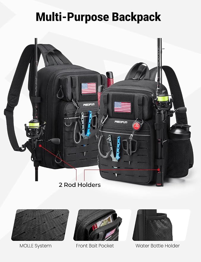 Piscifun Fishing Backpack Tackle Bag with 2 Rod Holders, Multi-Compartment Storage, MOLLE System, Water-Resistant Lightweight Outdoor Pack - Image 4
