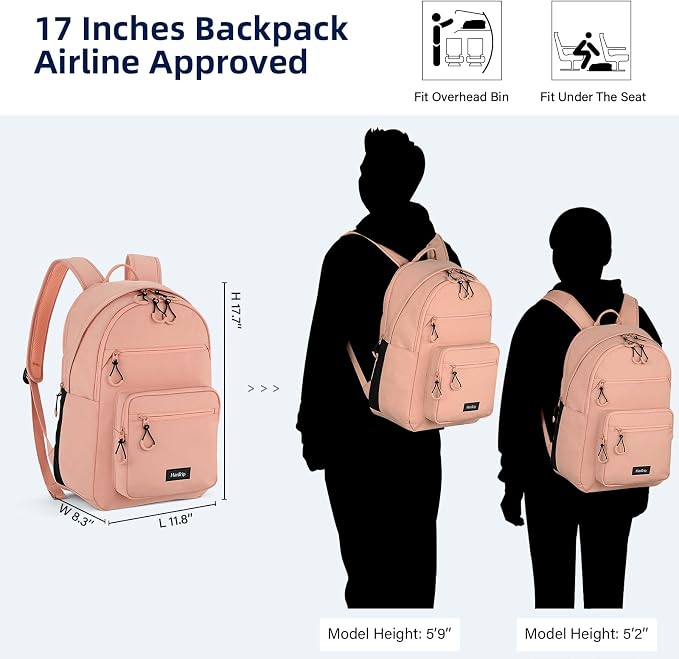 HanTrip Carry On Travel Backpack For Women, 18 Inch Water Resistant Large Backpack Lightweight Bookbag For Men, 8x14x18 Personal Item Bag Casual Daypack Backpacks For Work Office Commuter (Pink) - Image 2