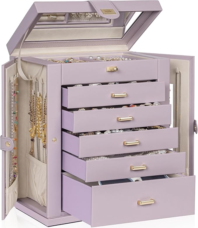 AKOZLIN 6-Tier Jewelry Box Organizer Functional 5 Drawers Leather Jewelry Storage Case for Women Girls Ring Necklace Earring Bracelet Holder Organizer with Mirror XL Purple 360° Rotating by AKOZLIN