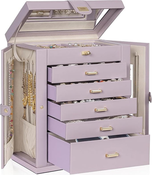 AKOZLIN 6-Tier Jewelry Box Organizer Functional 5 Drawers Leather Jewelry Storage Case for Women Girls Ring Necklace Earring Bracelet Holder Organizer with Mirror XL Purple 360° Rotating by AKOZLIN