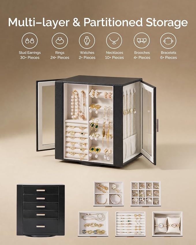 CASEGRACE 360° Rotating Jewelry Box Organizer, Jewelry Storage with 5 Drawers, Clear Window, Jewelry Display Case for Bracelets, Necklaces, Earrings, Rings, Black - Image 3