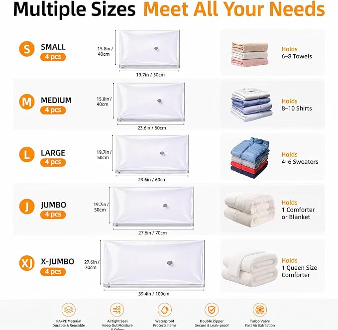 20 Pack Air Pump Vacuum Storage Bags,Travel Compression Bags | 2-in-1 Rechargeable Inflation & Deflation Dual Use Reusable Space Saver Bags for Clothes and Home Wardrobe（Orange and white） - Image 8