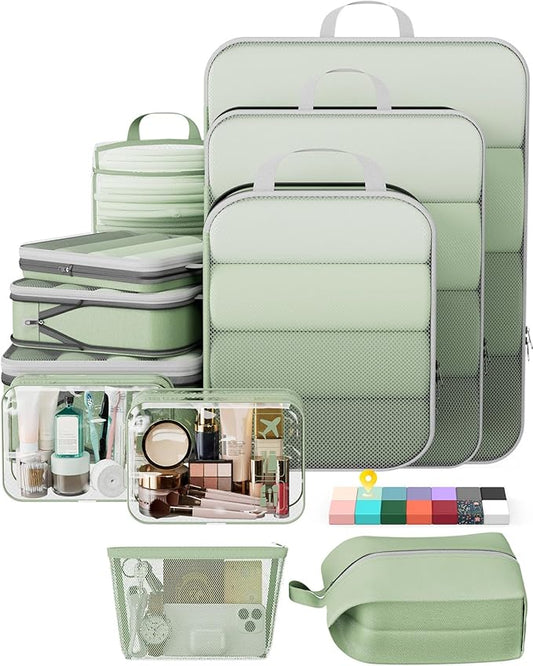 Veken 11 Set Compression Packing Cubes Garment Bags for Travel Essentials,Compressible Expandable Luggage Organizer Bags for Clothing,Space Saver Bags with Over 1000 pcs of Mesh Holes(Matcha Green) by Veken
