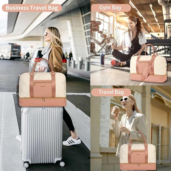 Wogarl 3PCS Weekender Bags for Women Large Overnight Bag Weekend Travel Duffel Bag Carry on Shoulder with Shoe Compartment Canvas Toiletry Bag for Travel Business Gym,Pink Beige - Image 6