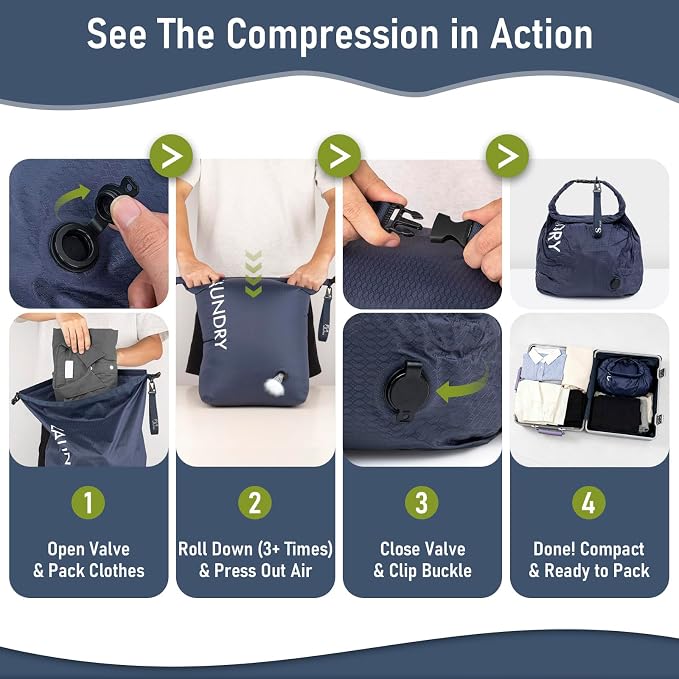 WiseBoy Travel Laundry Bag 2 Pack, Compression Laundry Bag for Dirty Clothes, Waterproof Wet Dry Bag, Pump-Free Space Saving Organizer for Suitcase Packing, Gym, Swim, Camping (Navy Blue & Green) - Image 7