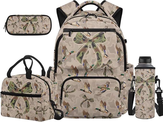 Camo Duck Bow Kids Backpack Set 4Pcs, 17 Inch School Bag | Lunch Bag, Pencil Case and Water Bottle Holder, Multi-Pocket Design, Durable, for Elementary Middle School Daily Carry by Unknown