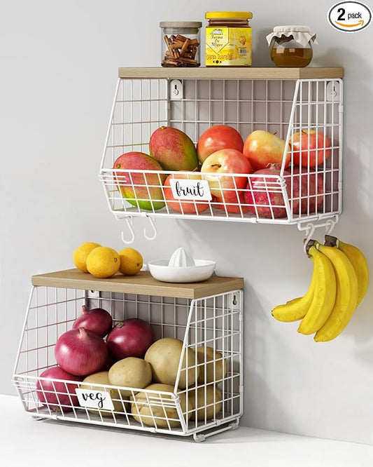 Goozii White Fruit Storage Basket for Kitchen Counter Set of 2, Wall Mount Wire Fruit Basket with Shelf with Banana Hanger, Hanging Countertop Organizer for Bathroom Pantry Cabinet, White + Natural by Goozii