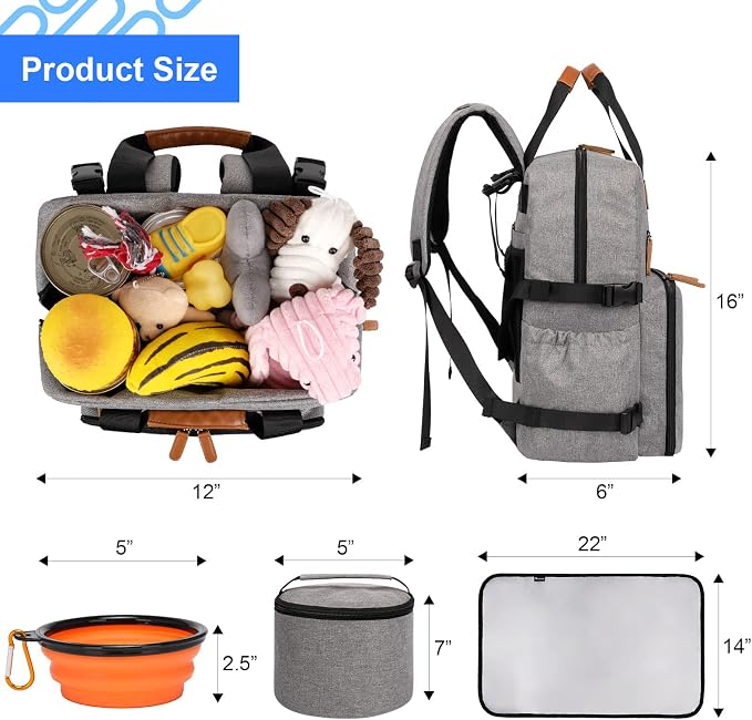 Modoker Dog Travel Bag, Airline Approved Backpack, Grey | Pet Accessories Organizer, 2 Food Storage Containers, 2 Collapsible Dog Bowls, Includes Pet Mat, Tote Weekend Bag - Image 4
