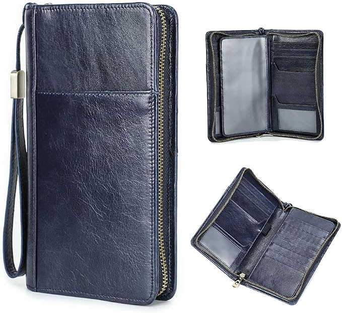CONTACTS Passport Wallet Leather Family Passport Holder for 4 Travel Documents Organizer RFID Blocking Zipper Blue Card Wallet with 13 Card Slot by CONTACTS