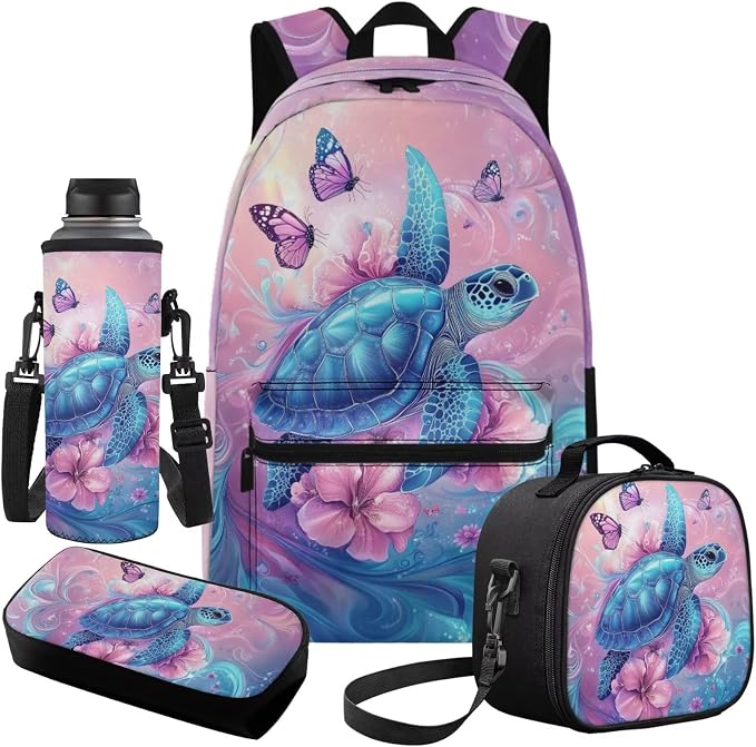 Teen Girls Backpack Sea Turtle Bookbag and Lunch Box Set for Girls, Butterfly Floral Cute Backpack for Middle School Girl Back to School Gift Supplies 17 inch Bookbag Set of 4 - Image 2