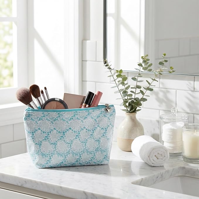 Jacaranda Living Medium Cosmetic Bag – Waterproof PVC-Lined Cosmetic & Toiletry Organizer, Zipper Pouch for Skincare, Makeup & Accessories, Aqua Trellis - Image 7