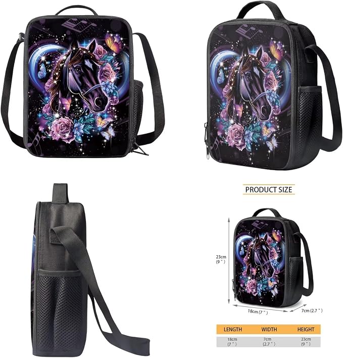 Backpack Set with Zipper Schoolbag Vintage Rose Horse Musical Note Print Large Capacity Bookbag Lunch Box Pencil Case 17 Inch Travel Laptop Backpacks Rucksack Daypack - Image 4
