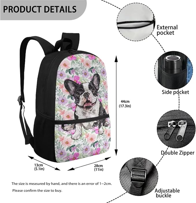 Retro Floral Bulldog Print Backpack Set Schoolbag Boys Girls Large Capacity Bookbag Lunch Box Pencil Case 17 Inch Travel Laptop Backpacks Rucksack Daypack with Zippered Pockets - Image 2