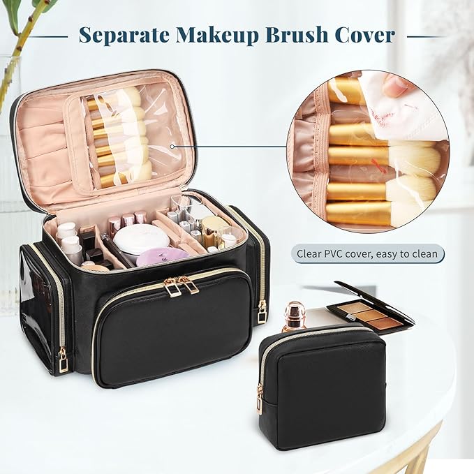 Makeup Bag, 2PCS Leather Large Travel Makeup Bag, Portable Waterproof Makeup Bag Organizer for Women with Makeup Brush Compartment, Cosmetic Travel Bag Vertical Storage Toiletry Bag, Black - Image 4