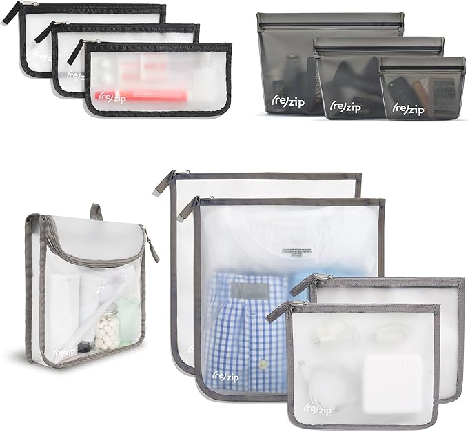 (re)zip 11-Piece Travel Organization Kit | TSA-Compliant Travel Quart, Small, Medium, & Gallon Zippered Bags, and 3 Leakproof Stand Up Bags |For Documents, Toiletries, Snacks & More