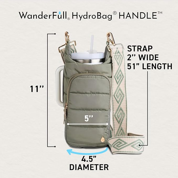 WanderFull Original HydroBag Handle®, Zipper for Handle, 40 oz Water Bottle Holder w/Strap, Crossbody Carrier Bag w/Phone Pocket, Tumbler Accessories - Sage Green w/Patterned Strap - Image 2