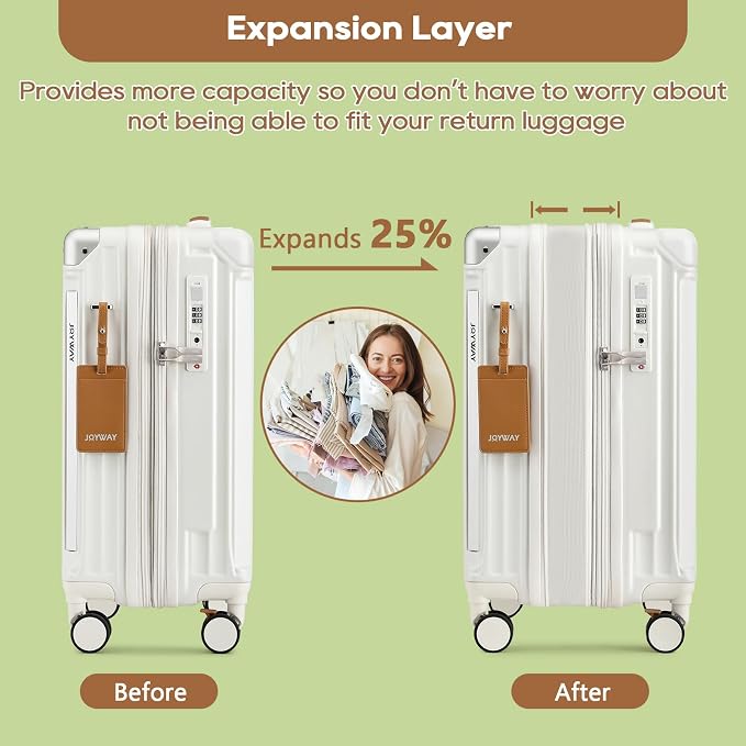 Joyway 20in Carry On Luggage with Cup Holder and USB Port, 25% Expandable Capacity, Smart Suitcase with Anti Slip Wheels and Handbag, Perfect for Men and Women 3 Piece Set White - Image 4