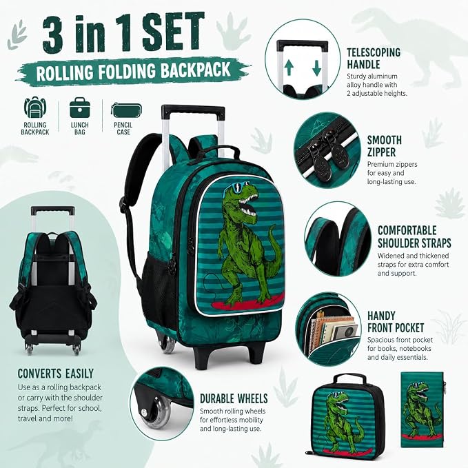 AGSDON 3PCS Rolling Backpack for Girls Boys, Kids Roller Wheels Bookbag, Wheeled School Bag with Lunch Bag - Image 8