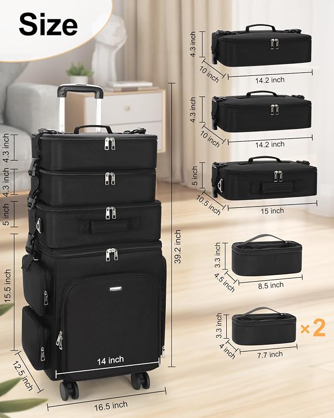 Relavel Rolling Makeup Case, 4 in 1 Hairstylist Traveling Bag Cosmetology Case on Wheels Large Hair Tools Cosmetics Train Case Makeup Artist Storage Organizer Trolley Suitcase with 360° Swivel Wheels - Image 6