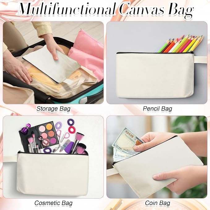 Reginary 60 Pcs Cream Canvas Makeup Bag Bulk Portable Travel Cosmetic Pouch Versatile Blank Toiletry Bag with Zipper for Women DIY Craft Purse Pencil Case (9.8 x 5 x 2 Inch) - Image 4