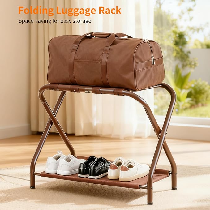 Heybly Luggage Rack for Guest Room, Pack of 2, Steel Folding Suitcase Stand with Storage Shelf for Bedroom, Hotel, Foldable Steel Frame, Guest Room 26.2" L x 14.4" W x 20.5" H, Brown HLR004Z2 - Image 6
