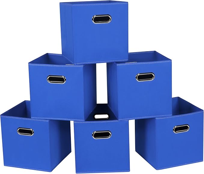 Fabric Cloth Storage Bins,Fabric Cube Bins Organizer with Dual Handles Foldable Cube Storage Baskets for Home Bedroom Storage,Set of 6,(Dark Blue) by SEVENDOME