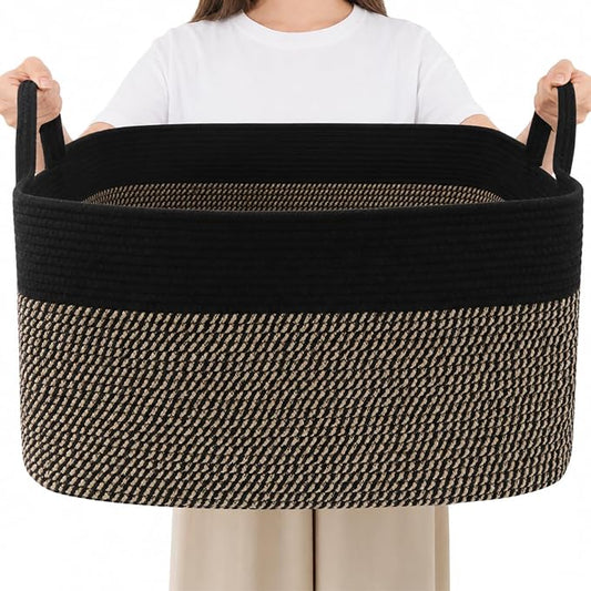 65L Collapsible Woven Rope Laundry Basket with Handles,Black/Jute | 21x16x12 Foldable Rectangular Blanket Basket for Toys, Clothes & Pillows,Ideal for Nursery, Bathroom, Bedroom, Living Room by HZFTJOY