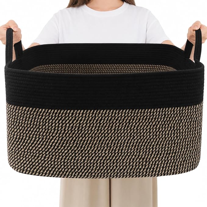 96L XXXLarge Woven Laundry Basket with Sturdy Handles - Black/Jute | Machine washable,Space-Saving Collapsible Design,Cotton rope, blanket basket living room,for toys clothes nursery bathroom by HZFTJOY