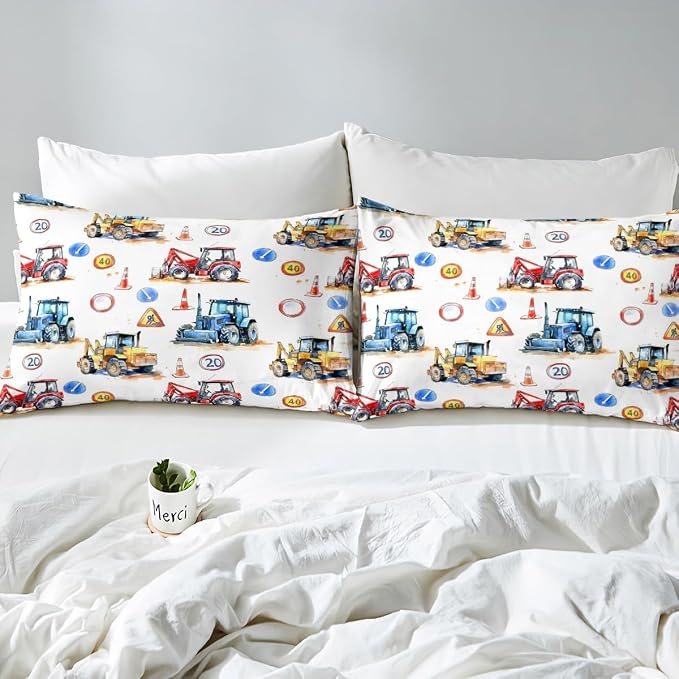 Erosebridal Boys Tractor Comforter Set Queen, Kids Construction Excavator Down Comforter Equipment Truck Duvet Sets for Boys Girls Children, Heavy Vehicle Crane Bedding Set with 2 Pillow Cases - Image 6