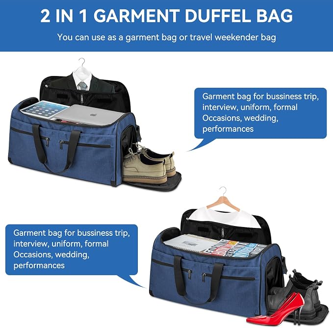 Large Garment Bag for Travel, Bukere Convertible Suit Travel Garment Duffel Bag for Men Women Business, Shoe Compartment, Detachable Shoulder Strap, Multi-Function 2 in 1 Weekender Bag, Blue - Image 6