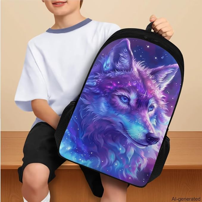 Galaxy Wolf Backpack for Girls Boys Backpack with Lunch Box Water Bottle Carrier with Strap and Big Pencil Case 4PCS Bookbag with Compartments for School 17 inch Sturdy School Bag for Kids - Image 3