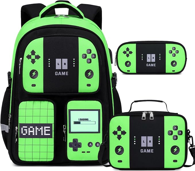 Gamer Backpack for Boys , 3PCS Boys Backpack with Lunch Box & Pencil Pouch, Waterproof School Bags for Boy Kids Children Teens, Elementary Middle School, Kids Book Bag Casual Daypack (Neon Green) by Jafeton