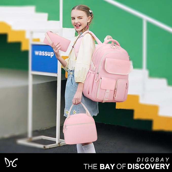 DIGOBAY Backpacks for Girls, 3PCS School Backpack with Lunch Box Pencil Pouch for Teen Girls Kids Elementary Primary Middle High College School Bookbag Set （Pink） - Image 7