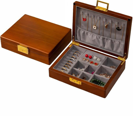 Solid Black Walnut Jewelry Box with Lock and Key Large Capacity Vintage Wooden Organizer for Women and Men Ring Necklace Earring Cufflink Storage Removable Dividers Gift for Christmas by LIBOLXSP