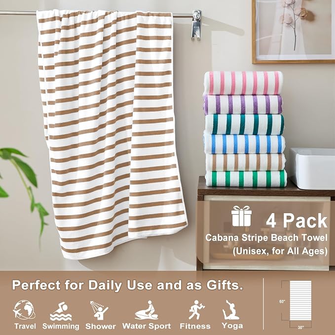 JML Microfiber Beach Towels Set of 4, 30" x 60", Cabana Stripe, Soft Absorbent, Quick Dry Bath Towel for Salon, Hotel, Travel, Sport, Summer Swimming Pool Party, Yoga, Camping, Coffee - Image 2