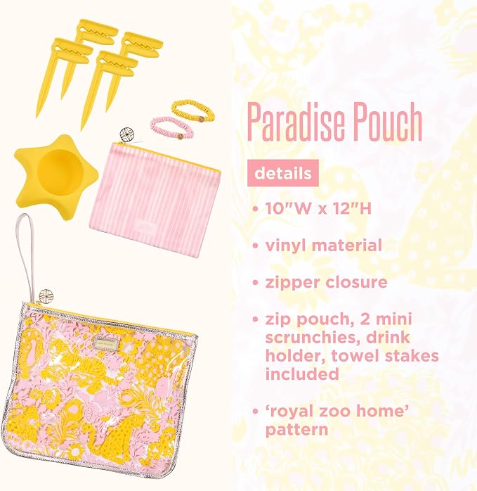 Lilly Pulitzer Water Resistant Vinyl Beach Essentials Paradise Pouch, Zipper Bag Includes 2 Scrunchies, Drink Holder & Towel Stakes (Royal Zoo) - Image 4