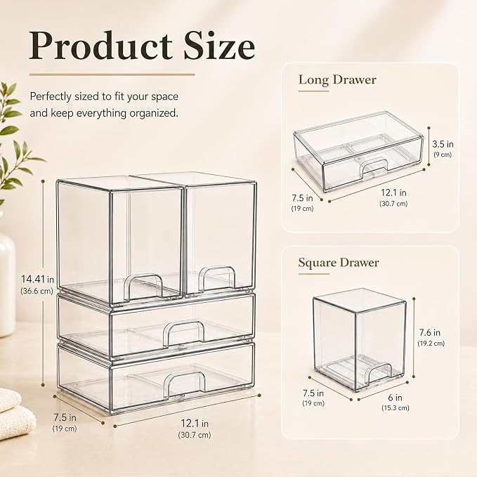 Clear Stackable Storage Drawers: Baby Bottle Storage Organizer, Acrylic Bottles Station Organizer Container for Countertop, Vanity, Bathroom, Cabinet Organization - 4 Pack - Image 2