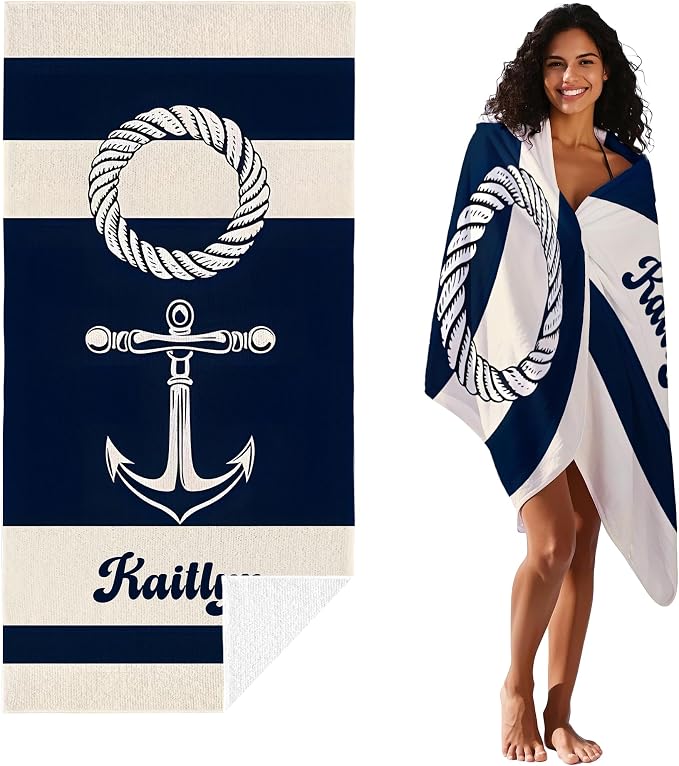 JML Personalized Beach Towel with Name, Custom Anchor Beach Towel, Customized Microfiber Pool Towel, Quick Dry & Absorbent Swim Towel for Adult,Mother's Day, Birthday, Summer Holiday,Vacation - Image 2